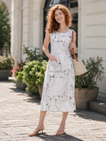 Load image into Gallery viewer, Women Sleeveless Crew Neck Dress in White with Black Prints