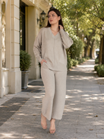 Load image into Gallery viewer, Women Knit Casual Wide Leg Pants Set in Heathered Beige with Silver Thread ( Two Pcs) Set)