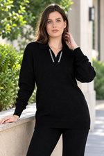 Load image into Gallery viewer, Women Sweater in Black , Casual long Sleeve Polo V Neck