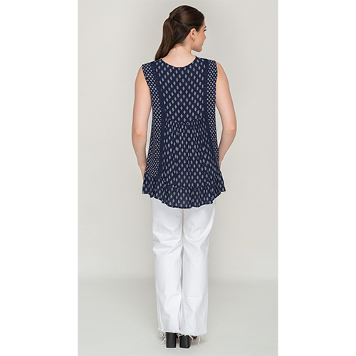 Sleeve Less Navy Blue Print Top Dress For Women