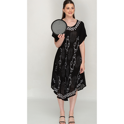 Black Printed Umbrella Dress with Short Sleeves for Women