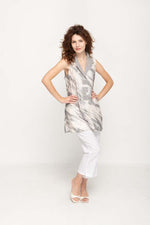 Load image into Gallery viewer, Casual Sleeveless, Full Button Light Grey Print in Cream Women Blouse