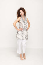 Load image into Gallery viewer, Casual Sleeveless, Full Button Light Grey Print in Cream Women Blouse