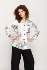 Load image into Gallery viewer, Women Blouse in White with Black Animal Print, 3/4 Sleeves , Button Down with Lapel Collar