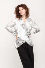Load image into Gallery viewer, Women Blouse in White with Black Print, Full Sleeves , V- Neck with with Zipper