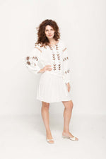 Load image into Gallery viewer, Women 's Casual Linen Dress in White , V- Neckline Split by Strings, Wide Full Sleeves