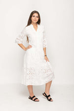 Load image into Gallery viewer, Women 's Casual Cotton Embroidery Dress in White , V- Neckline with 3/4 Sleeves