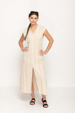 Load image into Gallery viewer, Women 's Casual Dress in Beige Loose Style with V- Neck , Cap-Sleeves