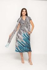 Load image into Gallery viewer, Cap Sleeve Animal Printed in Blue 2 in 1 Reversible Long Dress For Women