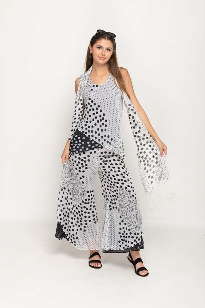 Sleeveless Polka Dot Printed Black and White Reversible Pant