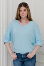 Load image into Gallery viewer, Women Short Sleeves V- Neck Knitted Top in Blue