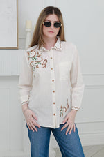 Load image into Gallery viewer, Women's Cotton Shirt , with Tonal Embroidery In Beige