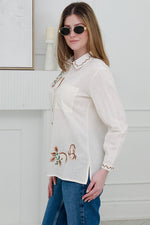 Load image into Gallery viewer, Women's Cotton Shirt , with Tonal Embroidery In Beige