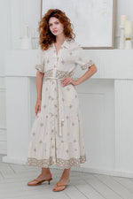 Load image into Gallery viewer, Women Short Sleeves collared Dress in Beige With Embroidery Prints