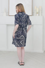 Load image into Gallery viewer, Women Short Sleeves Shirt Dress in Navy Printed