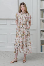 Load image into Gallery viewer, Flared Short Sleeves Apricot Floral Printed Dress