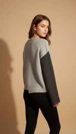 Load image into Gallery viewer, Women Button -Up Cardigan Sweater in Light Grey & Dark Grey Contrasting