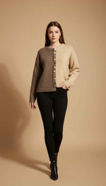 Load image into Gallery viewer, Women Button -Up Cardigan Sweater in Brown & Beige Contrasting