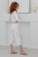 Load image into Gallery viewer, Women Cropped Pants in White with Black Stripes Prints