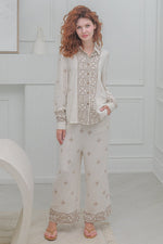 Load image into Gallery viewer, Women Casual Blouse Long sleeves, Full Button in Beige With Embroidery Prints