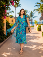 Load image into Gallery viewer, Cap Sleeve Blue Floral Printed 2 in 1 Reversible Long Dress For Women