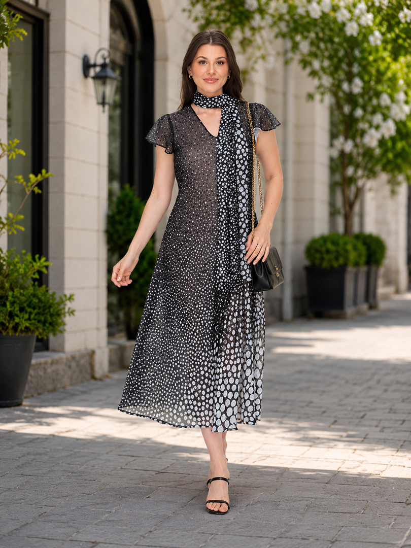 Sleeve Less Semi Long Black & White Printed 2 in 1 Reversible Dress For Women