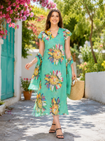 Load image into Gallery viewer, Sleeve Less Semi Long Green Floral Print 2 in 1 Reversible Dress For Women