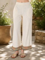 Load image into Gallery viewer, Women's Casual Pants Beige with Tonal Embroidery on Leg Opening