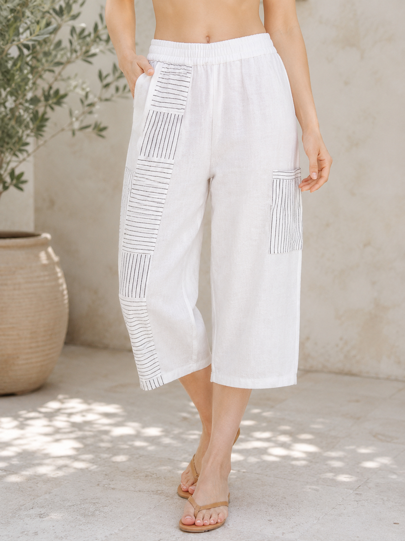 Women Cropped Pants  in White with Black Stripes  Prints