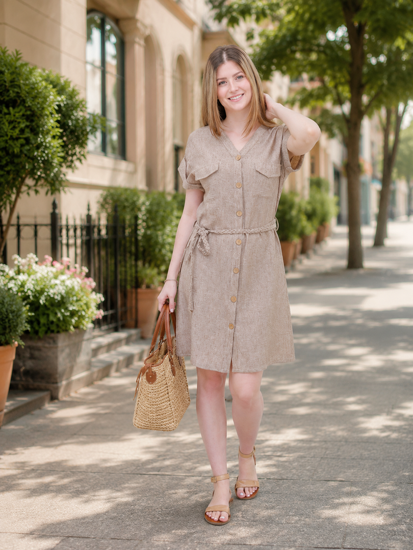 Women  Short Sleeves ,V Neck  Dress in Taupe