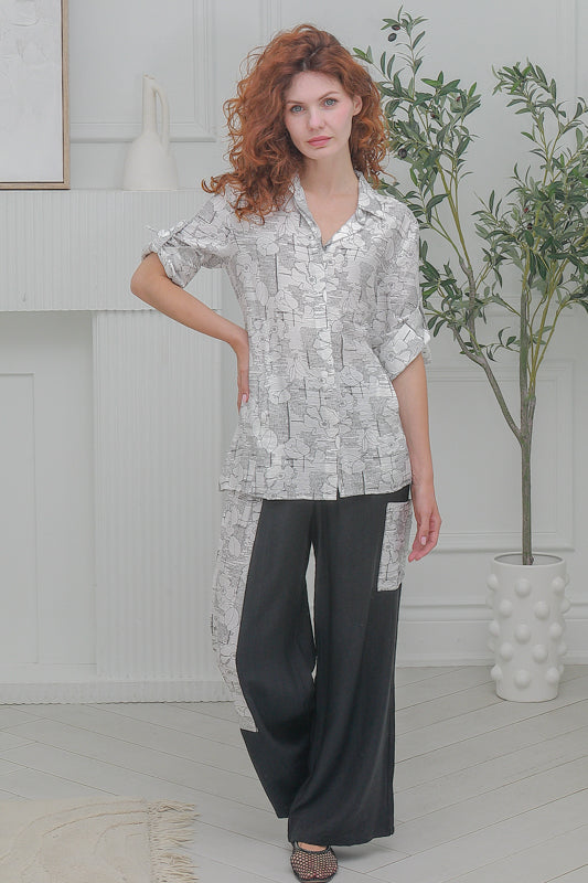 Women Casual  Blouse Long sleeves, Full Button in White with Black Prints