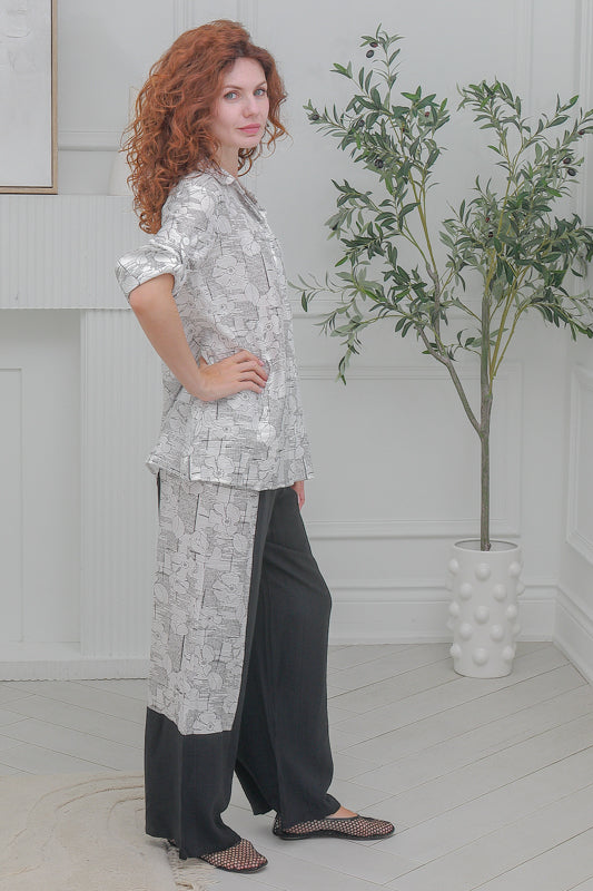 Women Casual  Blouse Long sleeves, Full Button in White with Black Prints