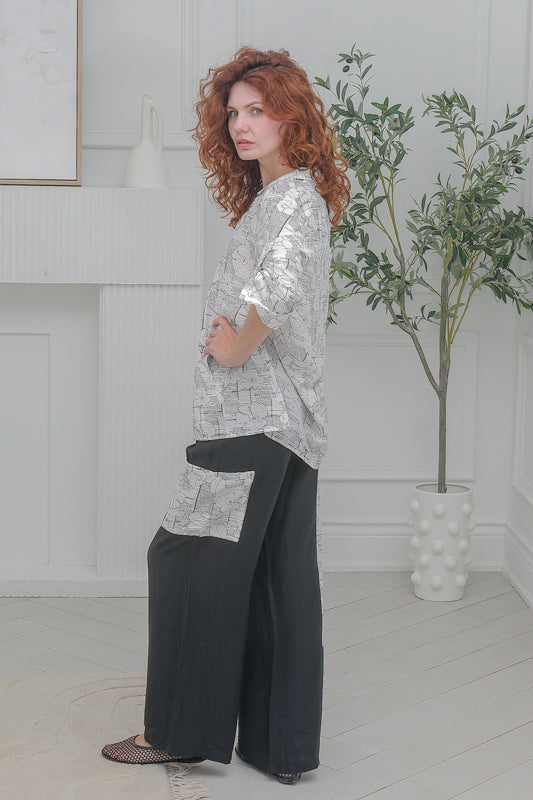 Women Casual  Blouse Long sleeves, Full Button in White with Black Prints