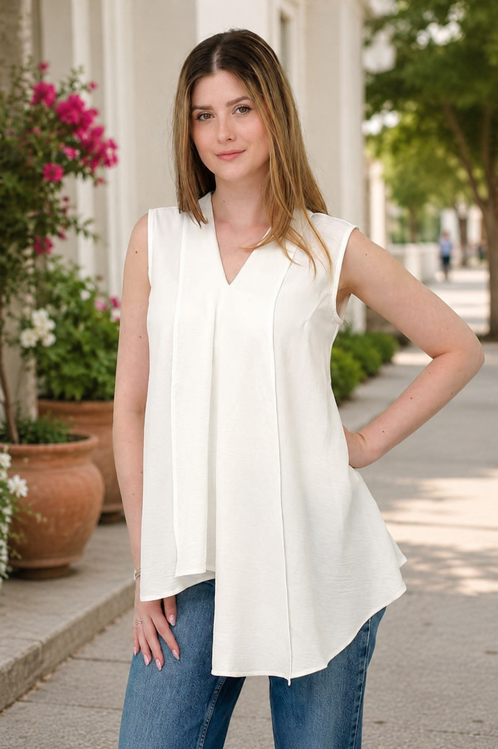 Women Sleeveless V Neck Tunic in White