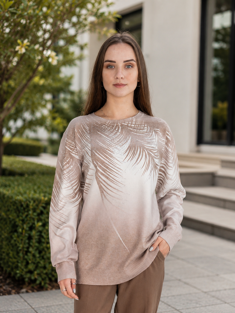 Women  Sweater  in Brown Print , Crew Neck Long Sleeve and Decorated With Hot -Fix Rhinestones (Copy)