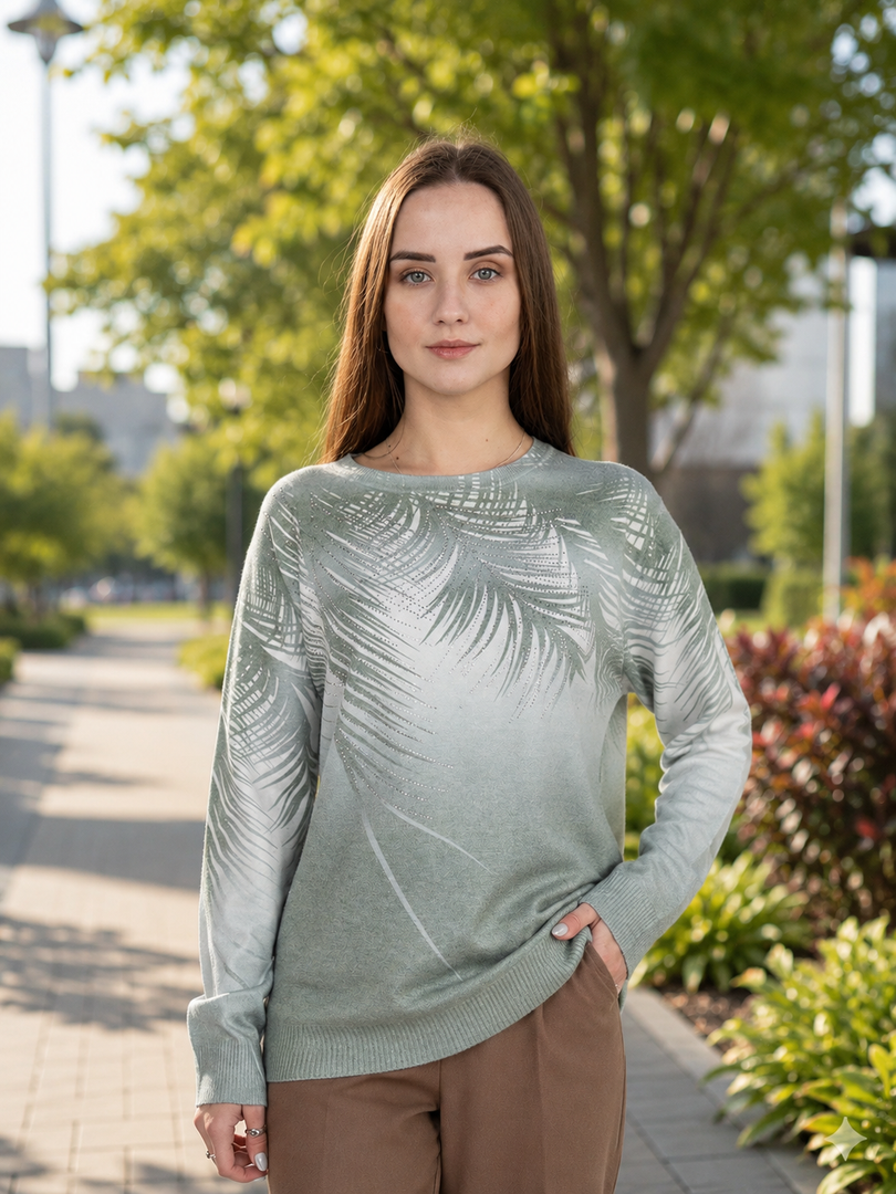 Women  Sweater  in Green Print , Crew Neck Long Sleeve and Decorated With Hot -Fix Rhinestones
