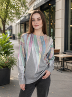 Load image into Gallery viewer, Women  Sweater  in Multi Colors Prints in  Grey , Crew Neck Long Sleeve and Decorated With Hot -Fix Rhinestones