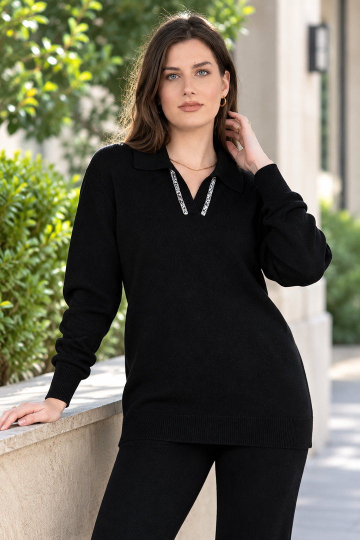 Women  Sweater  in Black , Casual long Sleeve Polo V Neck