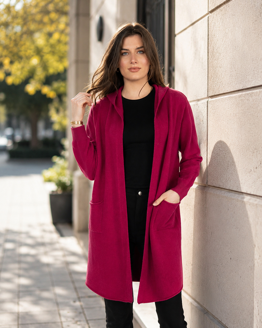Women  Knitted Hoodie Cardigan  in Pink ,Open Front with Back Details