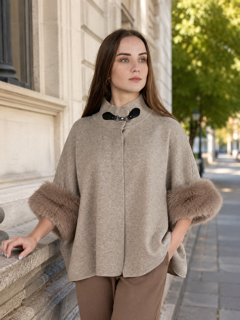 Women Short Sweater  Coat in  Fawn , Open Front with Stand Collar
