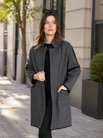 Load image into Gallery viewer, Women Sweater Long Jacket in Heathered Grey &amp; Black, Open Front with Lapel Collar