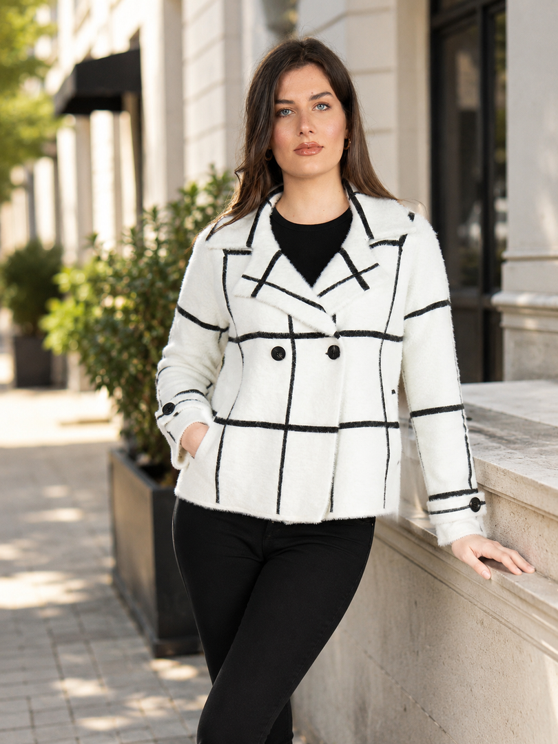 Short Jacket  in White & Black Plaid Print
