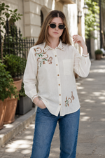Load image into Gallery viewer, Women's Embroidered Linen Shirt in Beige - Long Sleeve Cotton Blend