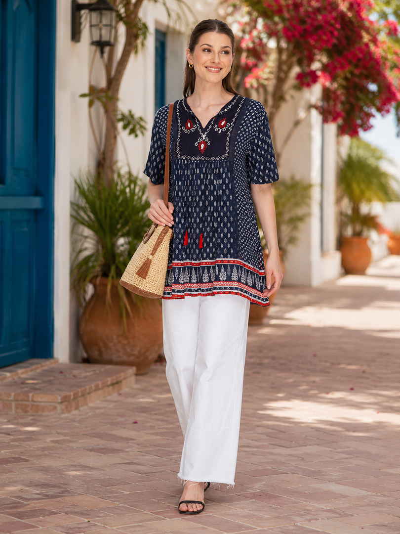 Sleeve Less Navy Blue Printed Tunic Dress For Women