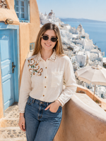 Load image into Gallery viewer, Women's Embroidered Linen Shirt in Beige - Long Sleeve Cotton Blend