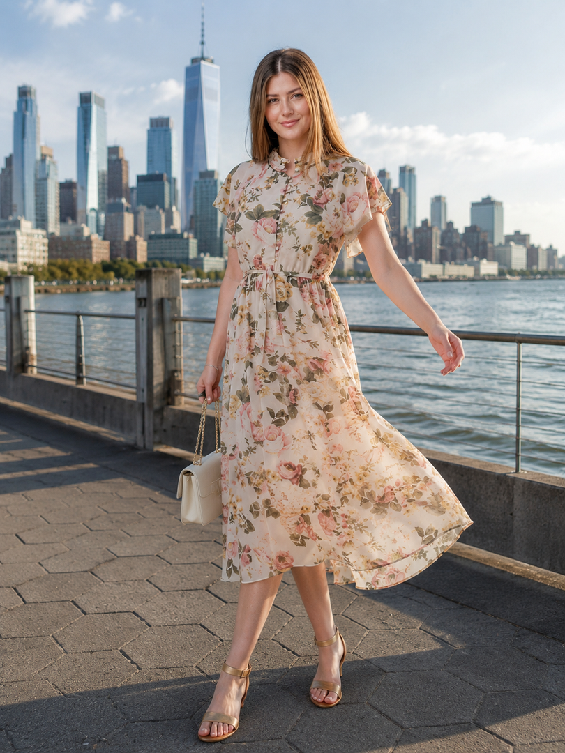 Flared Short Sleeves Apricot Floral Dress for Effortless Style