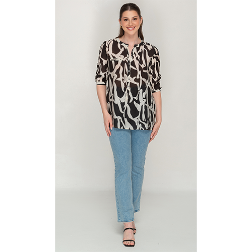 Black And White Printed , Half Button Top For Womens