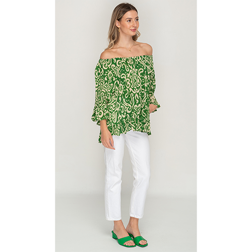 Long Sleeve Off-Shoulder Green Printed Dress For Women