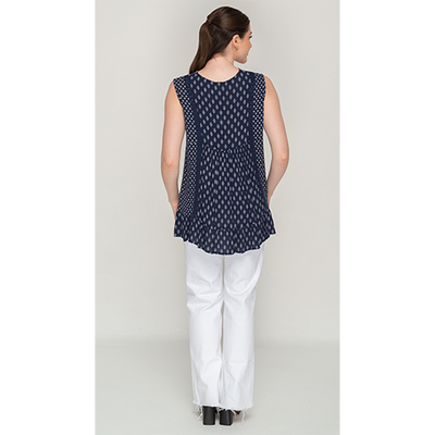 Sleeve Less Navy Blue Print Top Dress For Women