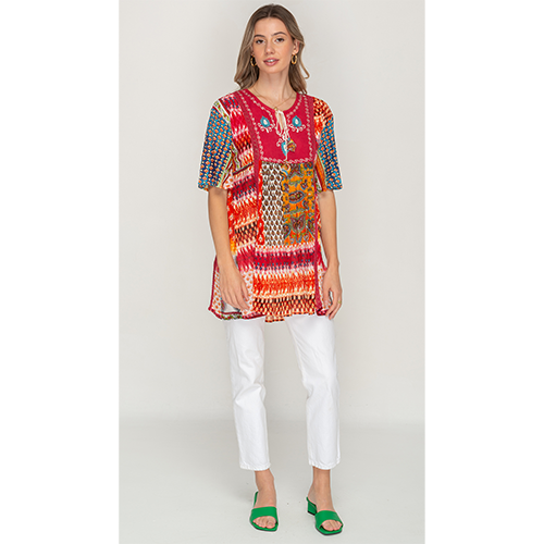 Short Sleeve Multicolor Printed Tunic Dress For Women